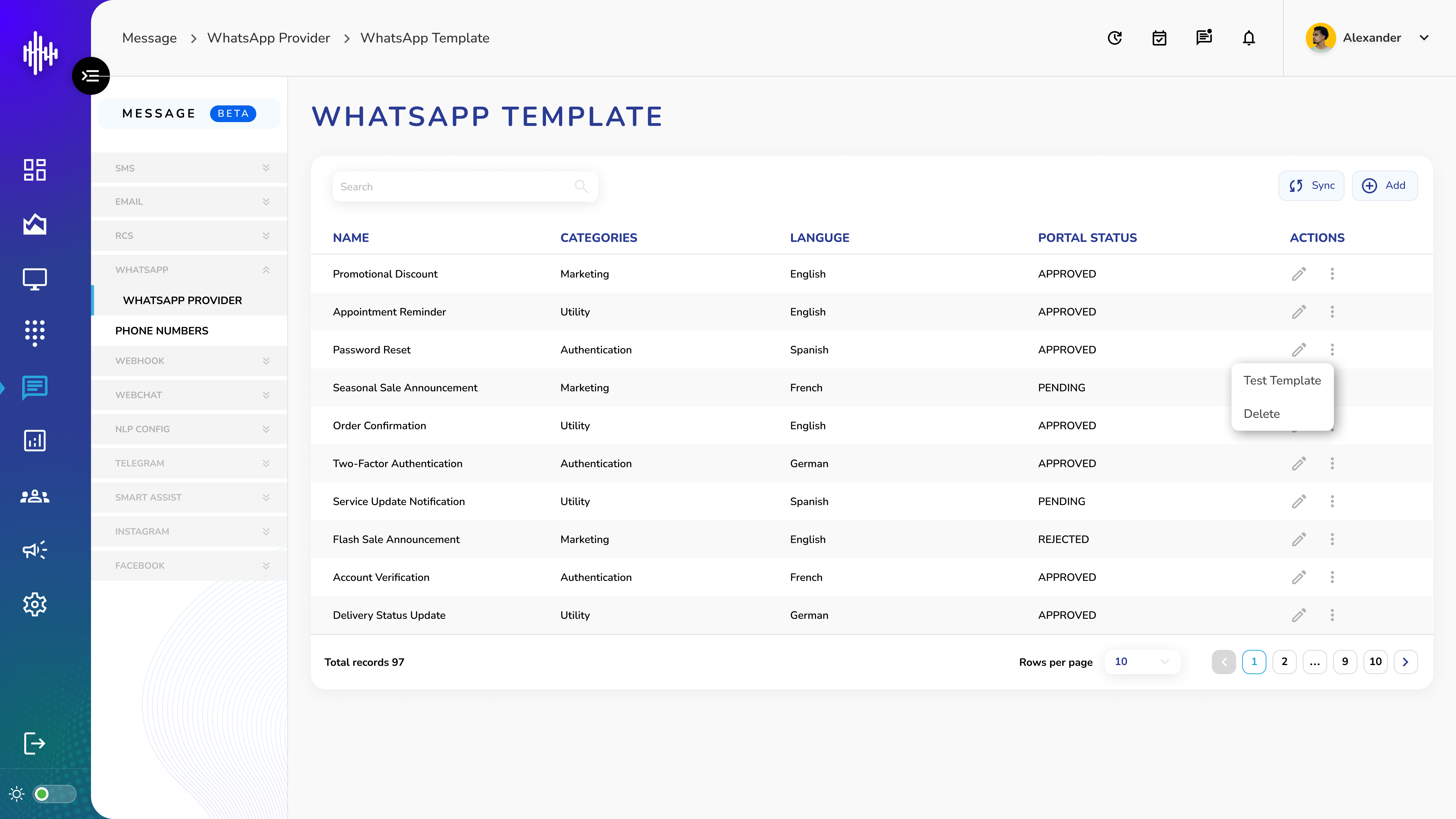 WhatsApp Template - Listing Screen